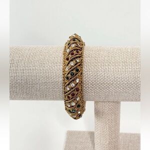 Gold Tone Filigree Bangle Bracelet w/Multi Color Stones.